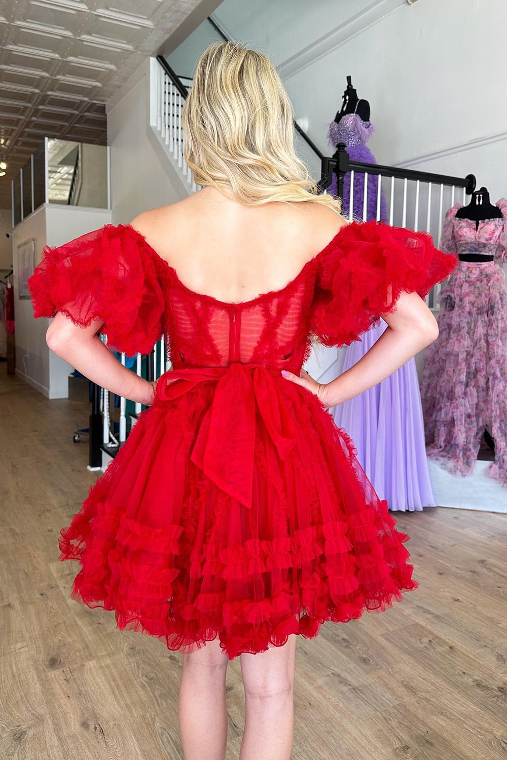 Off-the-Shoulder Sweetheart Puff Sleeve Eyelash Ruffle Tulle Structured Boned Corset Open Back Waist Bow-Tie Multi-Tier Flared A-Line Short Homecoming Dress