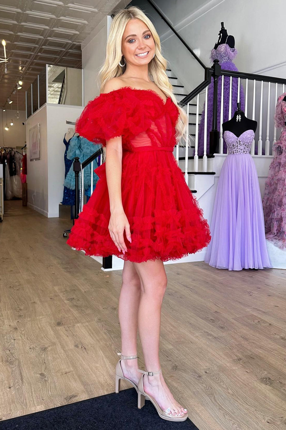 Off-the-Shoulder Sweetheart Puff Sleeve Eyelash Ruffle Tulle Structured Boned Corset Open Back Waist Bow-Tie Multi-Tier Flared A-Line Short Homecoming Dress