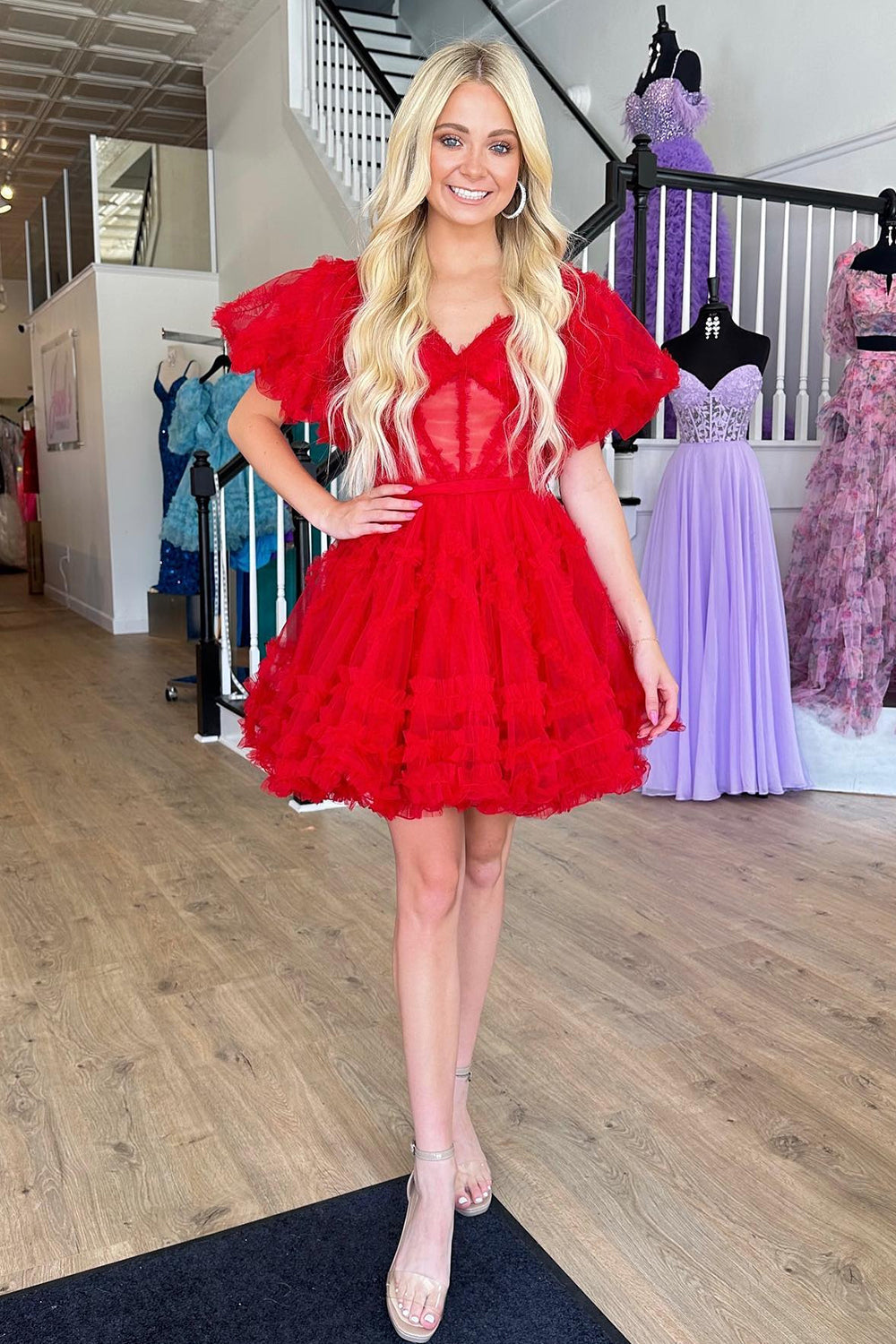 Off-the-Shoulder Sweetheart Puff Sleeve Eyelash Ruffle Tulle Structured Boned Corset Open Back Waist Bow-Tie Multi-Tier Flared A-Line Short Homecoming Dress