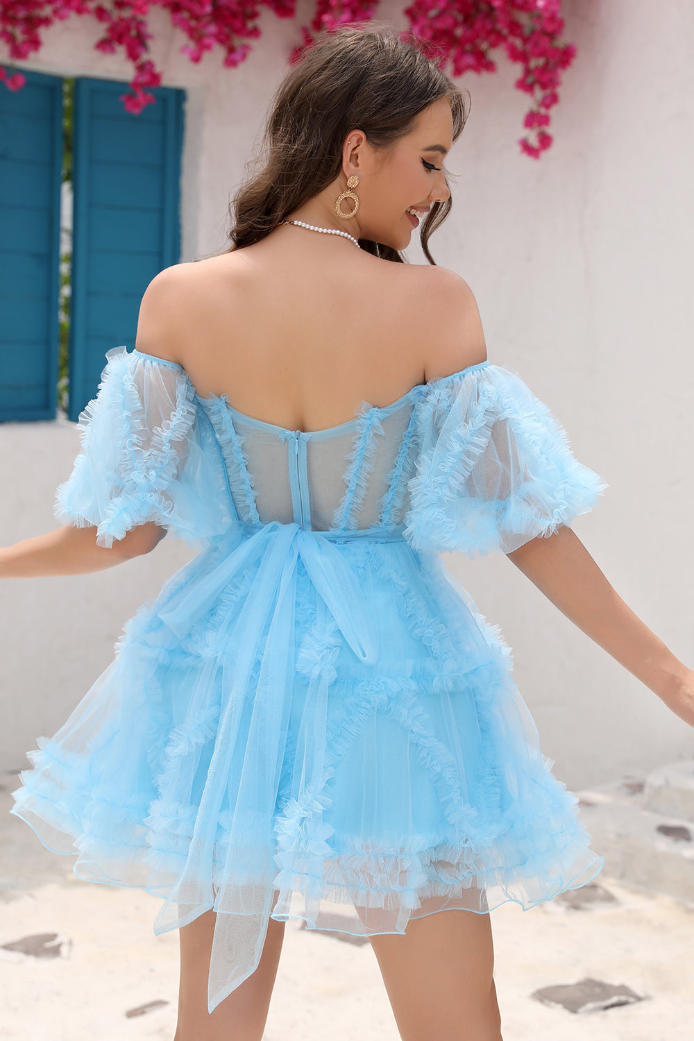 Off-the-Shoulder Sweetheart Puff Sleeve Eyelash Ruffle Tulle Structured Boned Corset Open Back Waist Bow-Tie Multi-Tier Flared A-Line Short Homecoming Dress