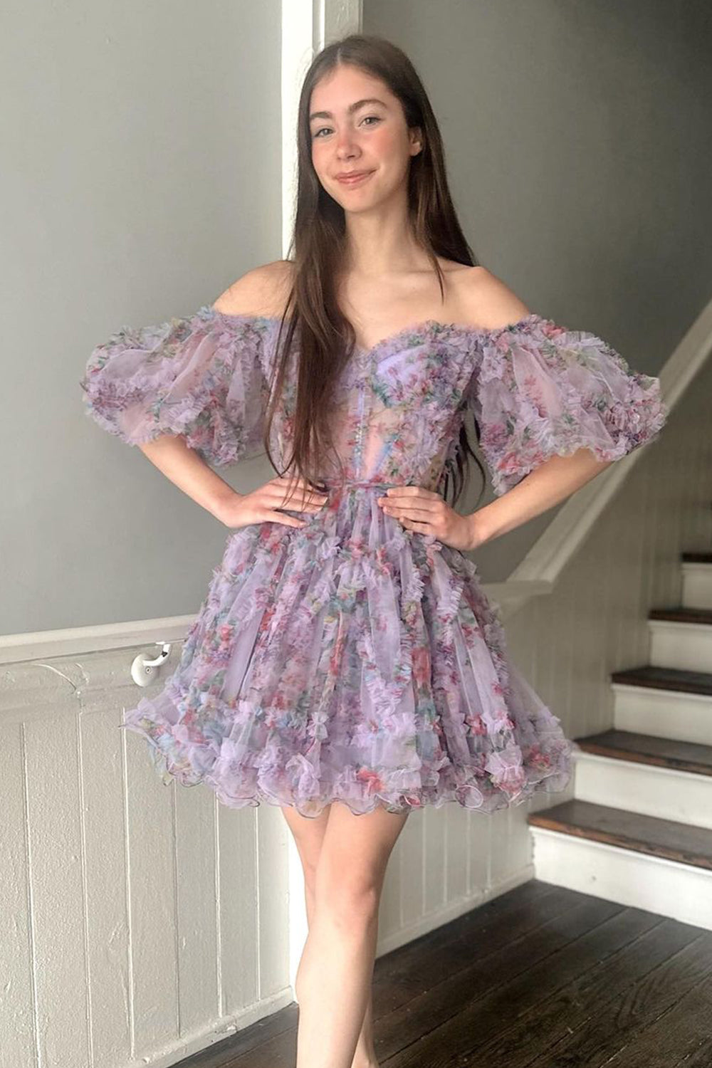 Off-the-Shoulder Sweetheart Puff Sleeve Floral Printed Tulle Eyelash Ruffle Trim Waist Bow-Tie Flared A-Line Short Homecoming Dress