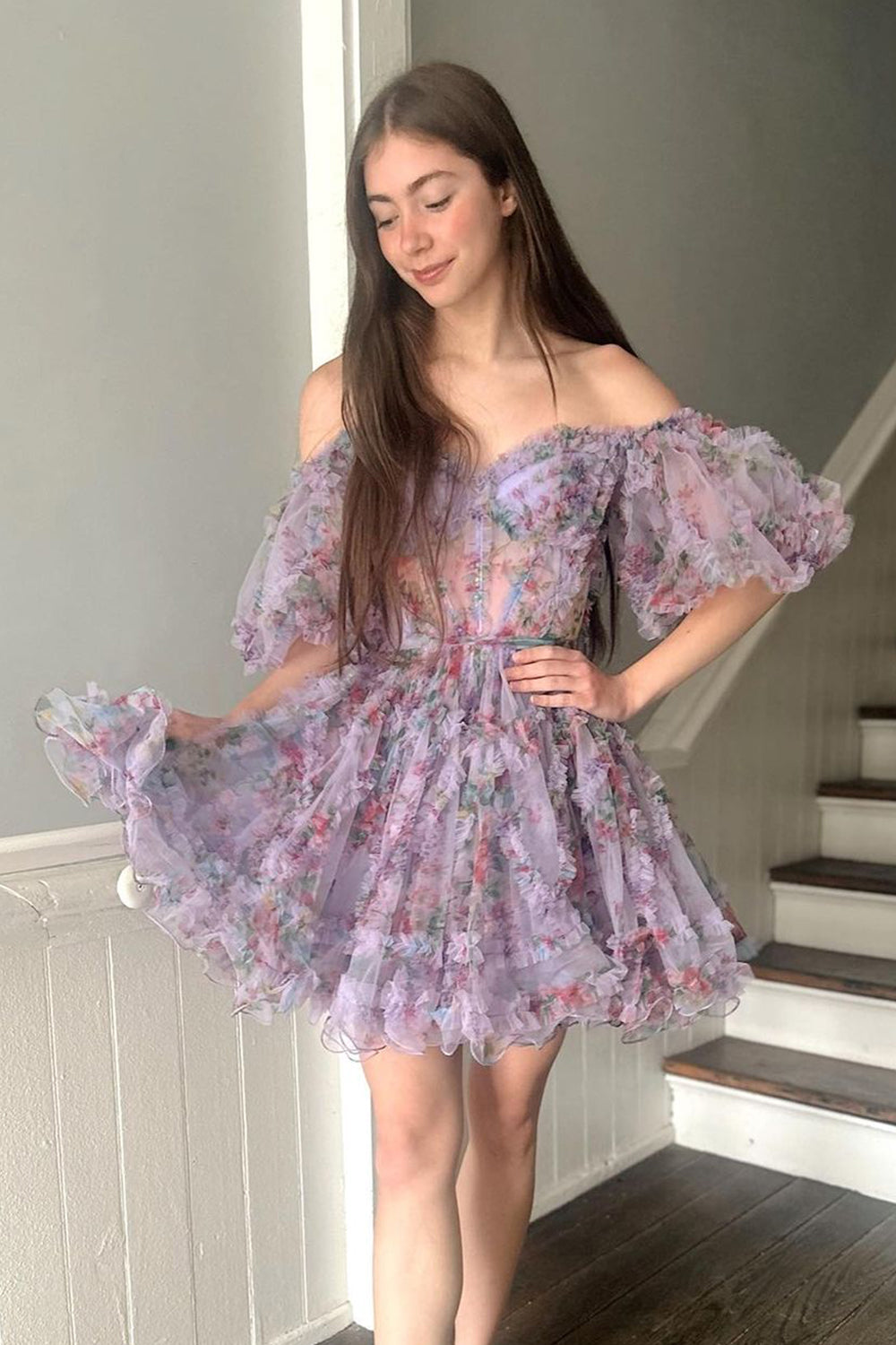 Off-the-Shoulder Sweetheart Puff Sleeve Floral Printed Tulle Eyelash Ruffle Trim Waist Bow-Tie Flared A-Line Short Homecoming Dress