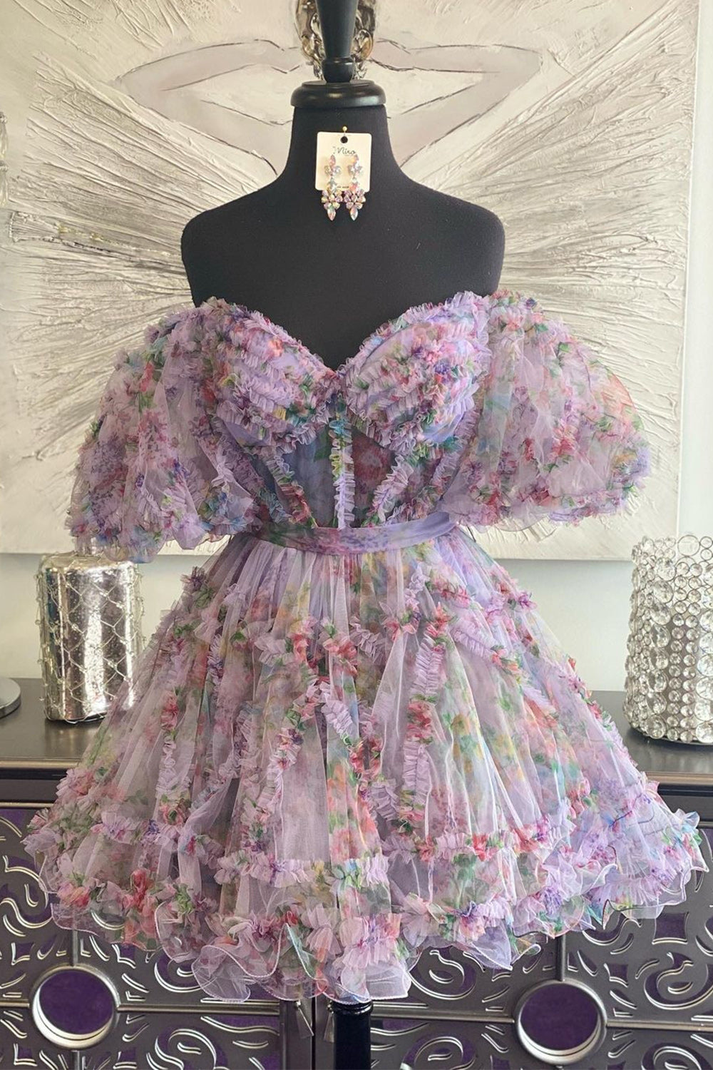Off-the-Shoulder Sweetheart Puff Sleeve Floral Printed Tulle Eyelash Ruffle Trim Waist Bow-Tie Flared A-Line Short Homecoming Dress