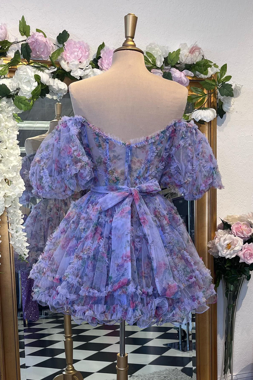 Off-the-Shoulder Sweetheart Puff Sleeve Floral Printed Tulle Eyelash Ruffle Trim Waist Bow-Tie Flared A-Line Short Homecoming Dress