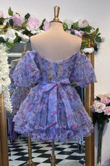 Off-the-Shoulder Sweetheart Puff Sleeve Floral Printed Tulle Eyelash Ruffle Trim Waist Bow-Tie Flared A-Line Short Homecoming Dress