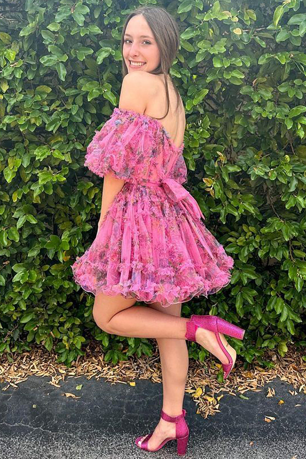 Off-the-Shoulder Sweetheart Puff Sleeve Floral Printed Tulle Eyelash Ruffle Trim Waist Bow-Tie Flared A-Line Short Homecoming Dress