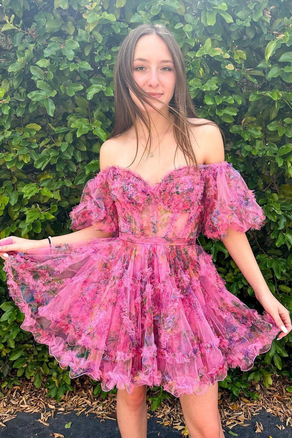 Off-the-Shoulder Sweetheart Puff Sleeve Floral Printed Tulle Eyelash Ruffle Trim Waist Bow-Tie Flared A-Line Short Homecoming Dress