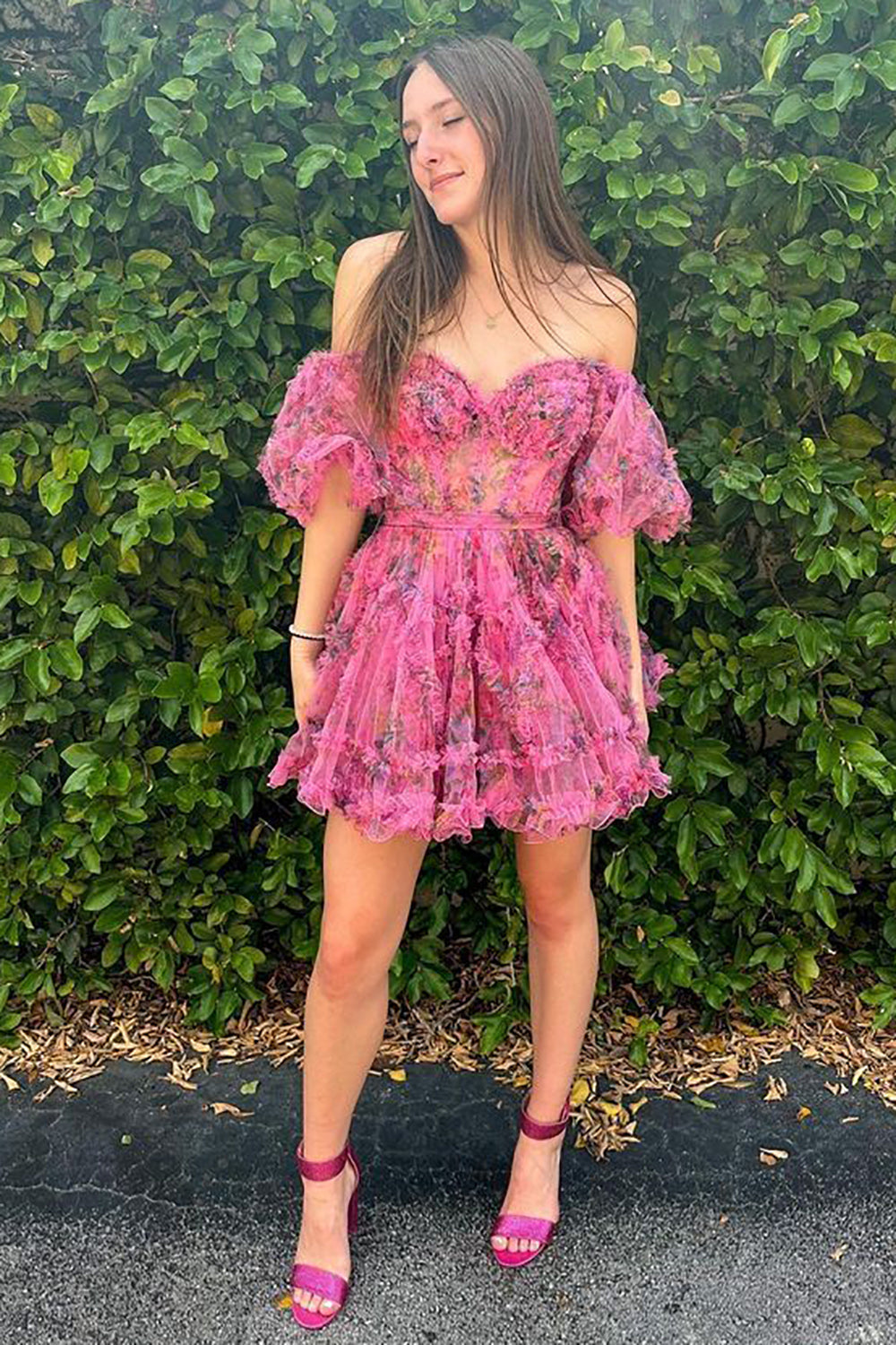 Off-the-Shoulder Sweetheart Puff Sleeve Floral Printed Tulle Eyelash Ruffle Trim Waist Bow-Tie Flared A-Line Short Homecoming Dress