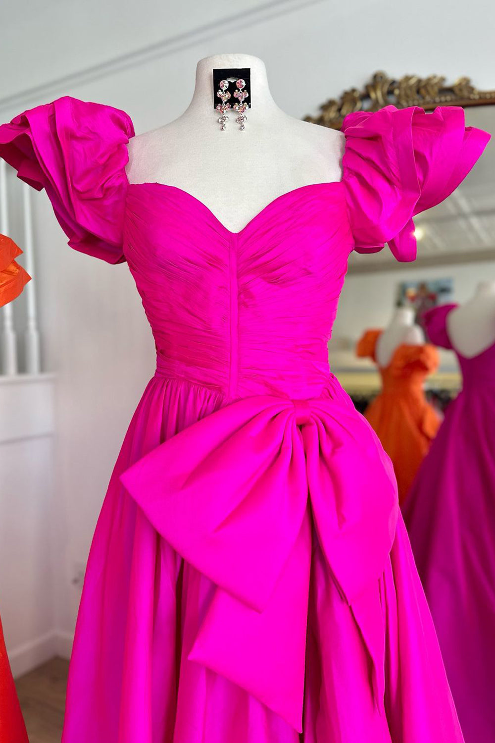 Off-the-Shoulder Sweetheart Puff Sleeve Ruching Oversized Bow Satin A-Line Prom Dress Front Slit Floor Length
