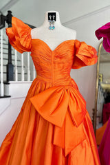 Off-the-Shoulder Sweetheart Puff Sleeve Ruching Oversized Bow Satin A-Line Prom Dress Front Slit Floor Length