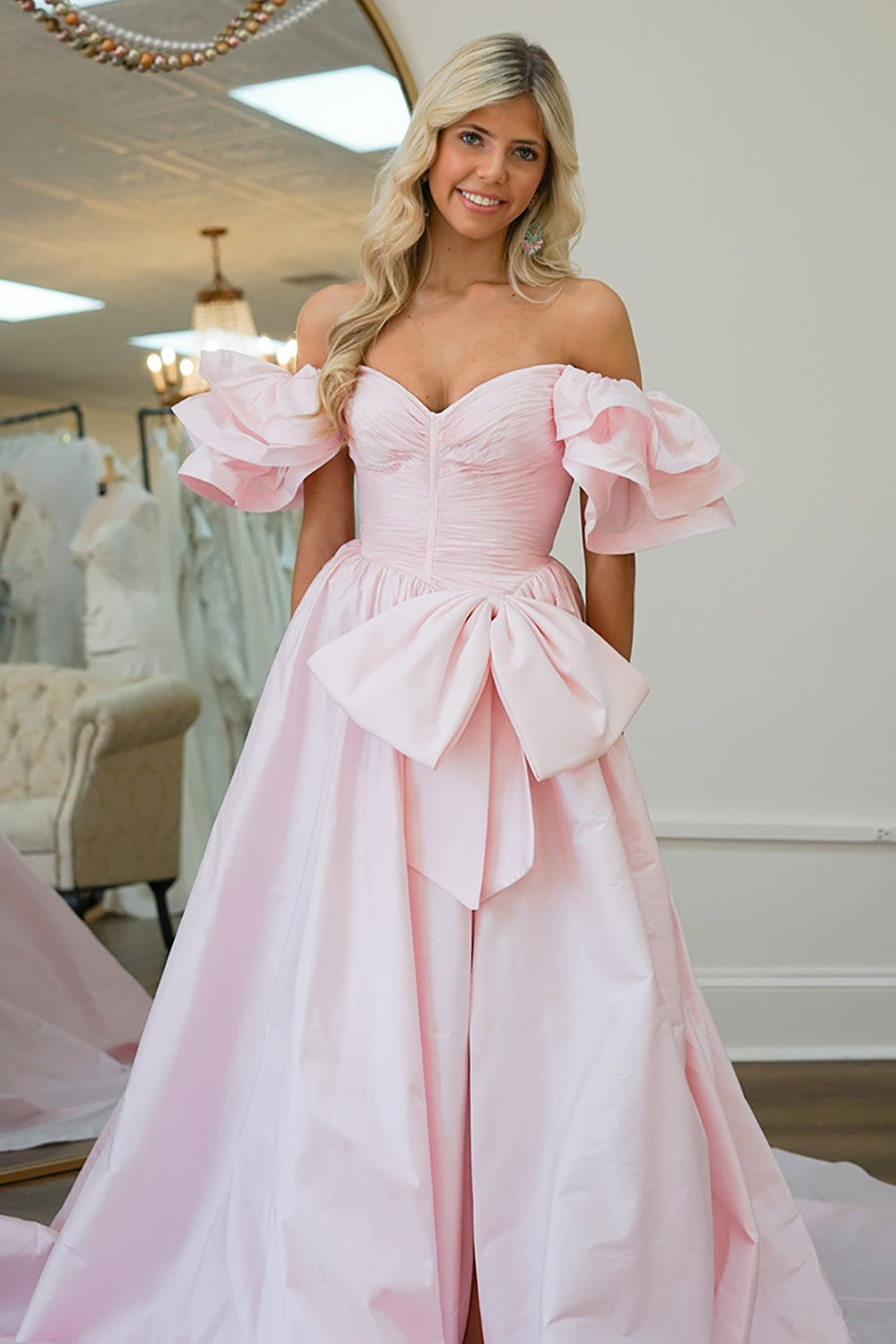 Off-the-Shoulder Sweetheart Puff Sleeve Ruching Oversized Bow Satin A-Line Prom Dress Front Slit Floor Length