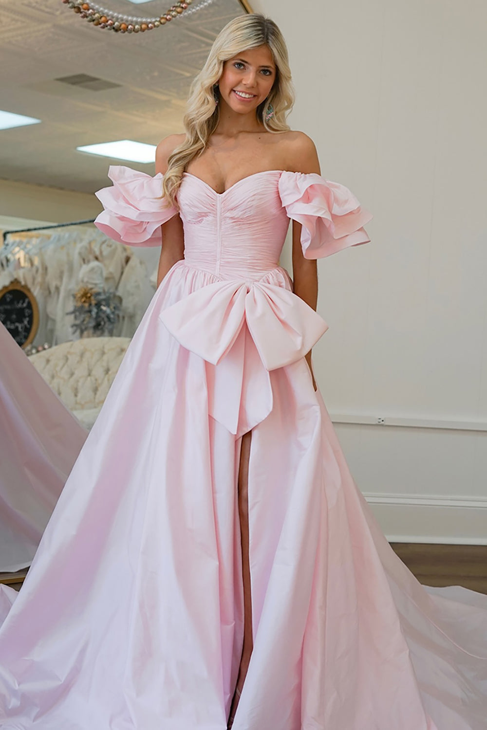Off-the-Shoulder Sweetheart Puff Sleeve Ruching Oversized Bow Satin A-Line Prom Dress Front Slit Floor Length
