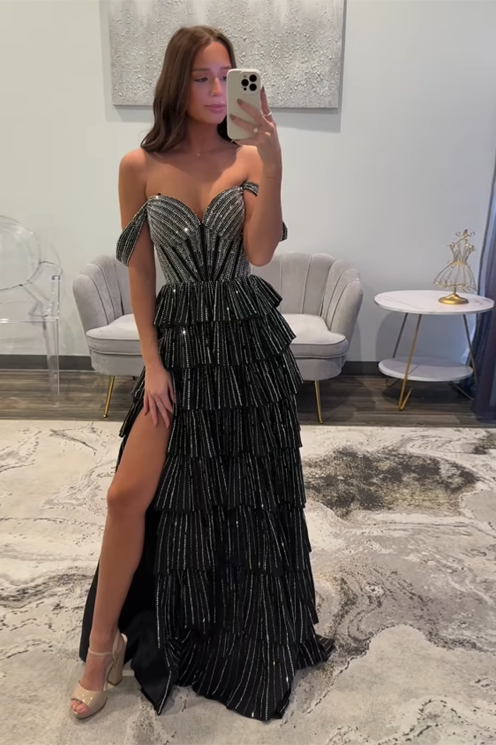 Off-the-Shoulder Sweetheart Rhinestone Sequin Tiered Ruffle A-Line Prom Dress Side Slit Lace-Up Back Floor Length