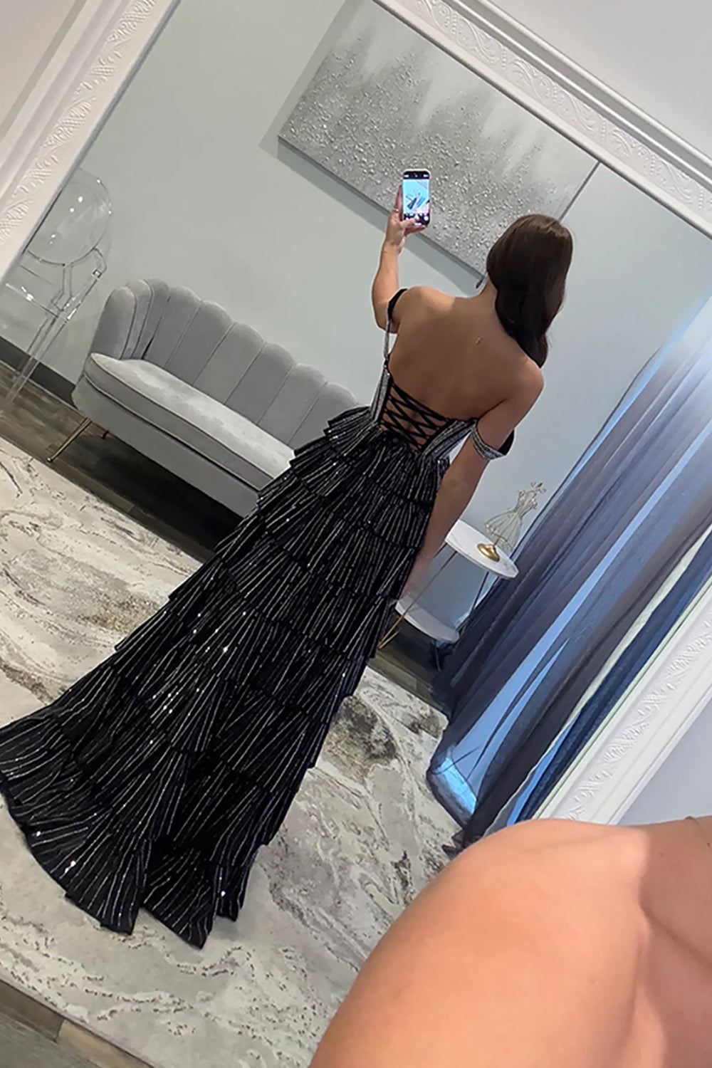 Off-the-Shoulder Sweetheart Rhinestone Sequin Tiered Ruffle A-Line Prom Dress Side Slit Lace-Up Back Floor Length