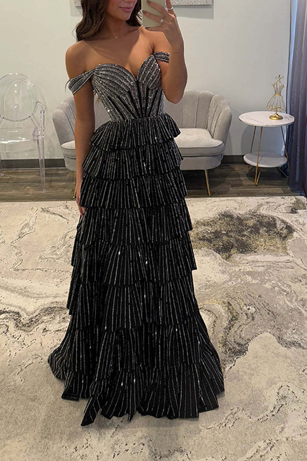 Off-the-Shoulder Sweetheart Rhinestone Sequin Tiered Ruffle A-Line Prom Dress Side Slit Lace-Up Back Floor Length