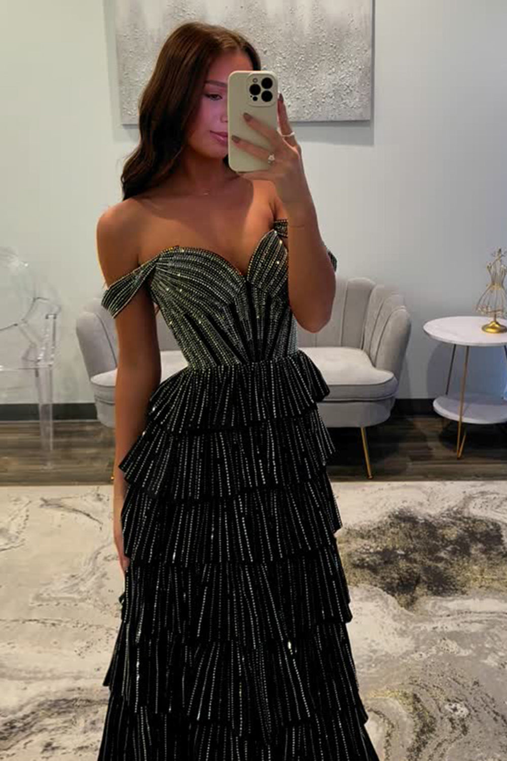 Off-the-Shoulder Sweetheart Rhinestone Sequin Tiered Ruffle A-Line Prom Dress Side Slit Lace-Up Back Floor Length