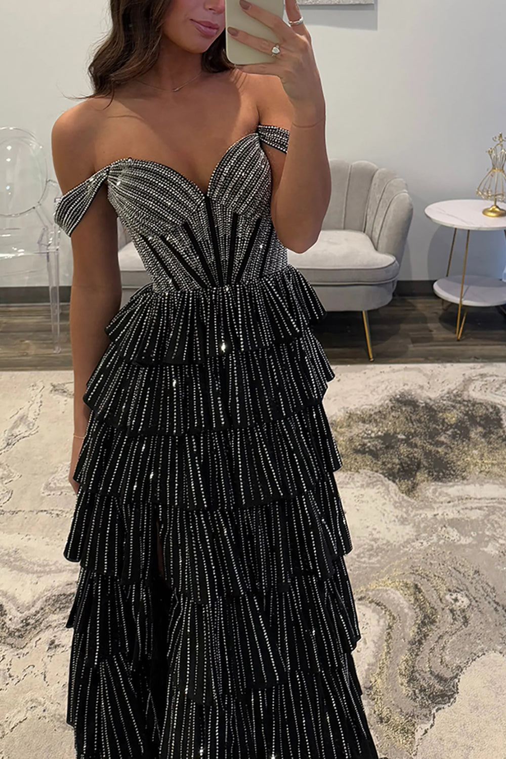 Off-the-Shoulder Sweetheart Rhinestone Sequin Tiered Ruffle A-Line Prom Dress Side Slit Lace-Up Back Floor Length