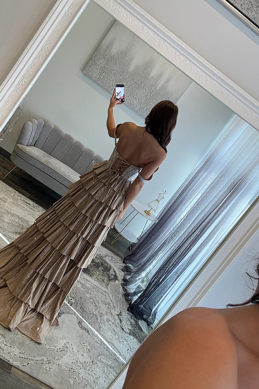 Off-the-Shoulder Sweetheart Rhinestone Sequin Tiered Ruffle A-Line Prom Dress Side Slit Lace-Up Back Floor Length