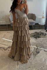 Off-the-Shoulder Sweetheart Rhinestone Sequin Tiered Ruffle A-Line Prom Dress Side Slit Lace-Up Back Floor Length