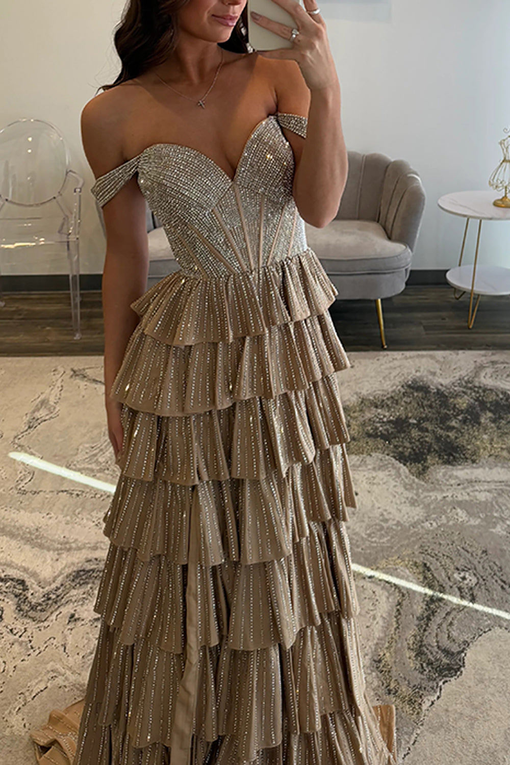 Off-the-Shoulder Sweetheart Rhinestone Sequin Tiered Ruffle A-Line Prom Dress Side Slit Lace-Up Back Floor Length