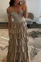 Off-the-Shoulder Sweetheart Rhinestone Sequin Tiered Ruffle A-Line Prom Dress Side Slit Lace-Up Back Floor Length