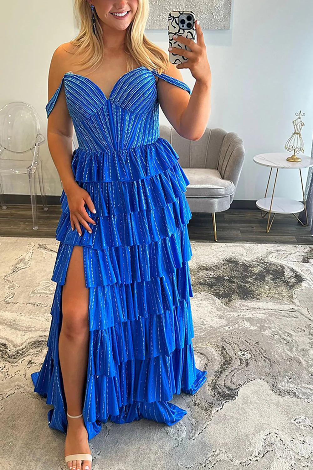 Off-the-Shoulder Sweetheart Rhinestone Sequin Tiered Ruffle A-Line Prom Dress Side Slit Lace-Up Back Floor Length