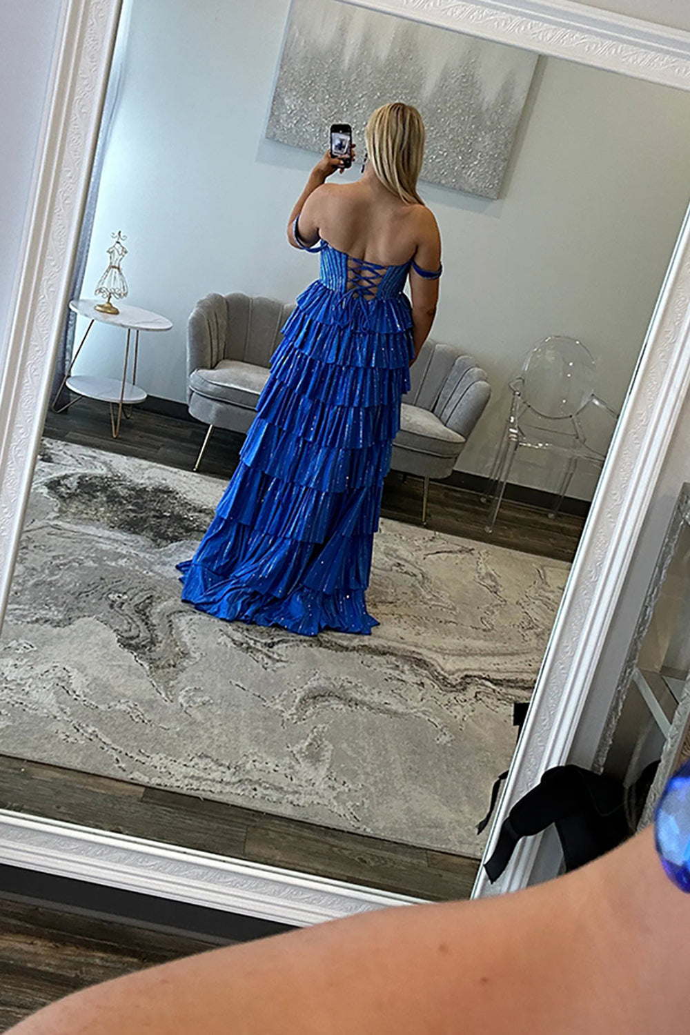 Off-the-Shoulder Sweetheart Rhinestone Sequin Tiered Ruffle A-Line Prom Dress Side Slit Lace-Up Back Floor Length