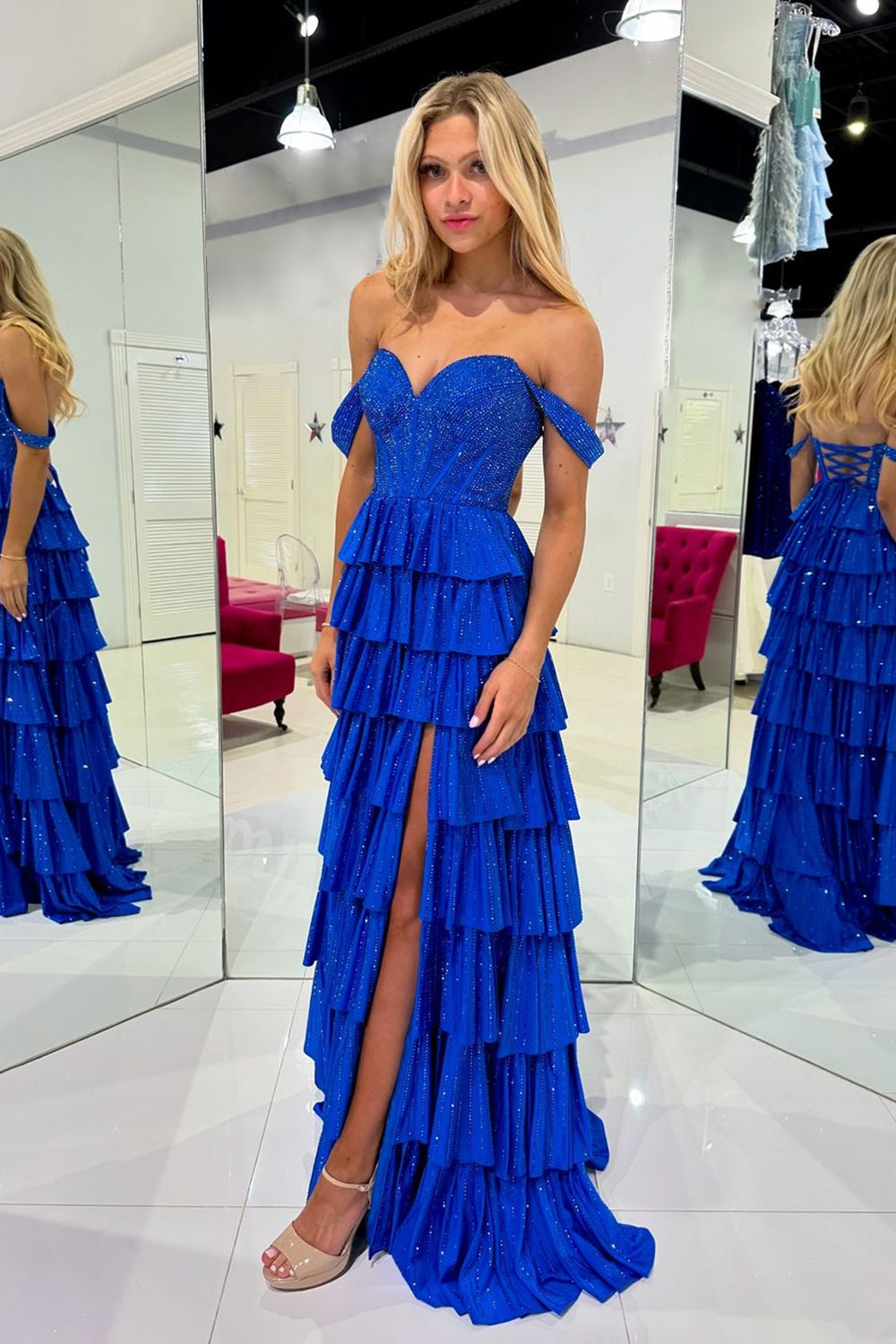 Off-the-Shoulder Sweetheart Rhinestone Sequin Tiered Ruffle A-Line Prom Dress Side Slit Lace-Up Back Floor Length