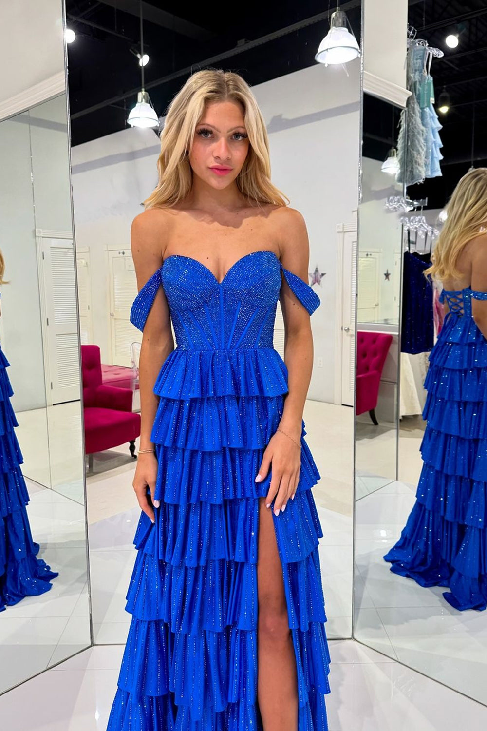 Off-the-Shoulder Sweetheart Rhinestone Sequin Tiered Ruffle A-Line Prom Dress Side Slit Lace-Up Back Floor Length