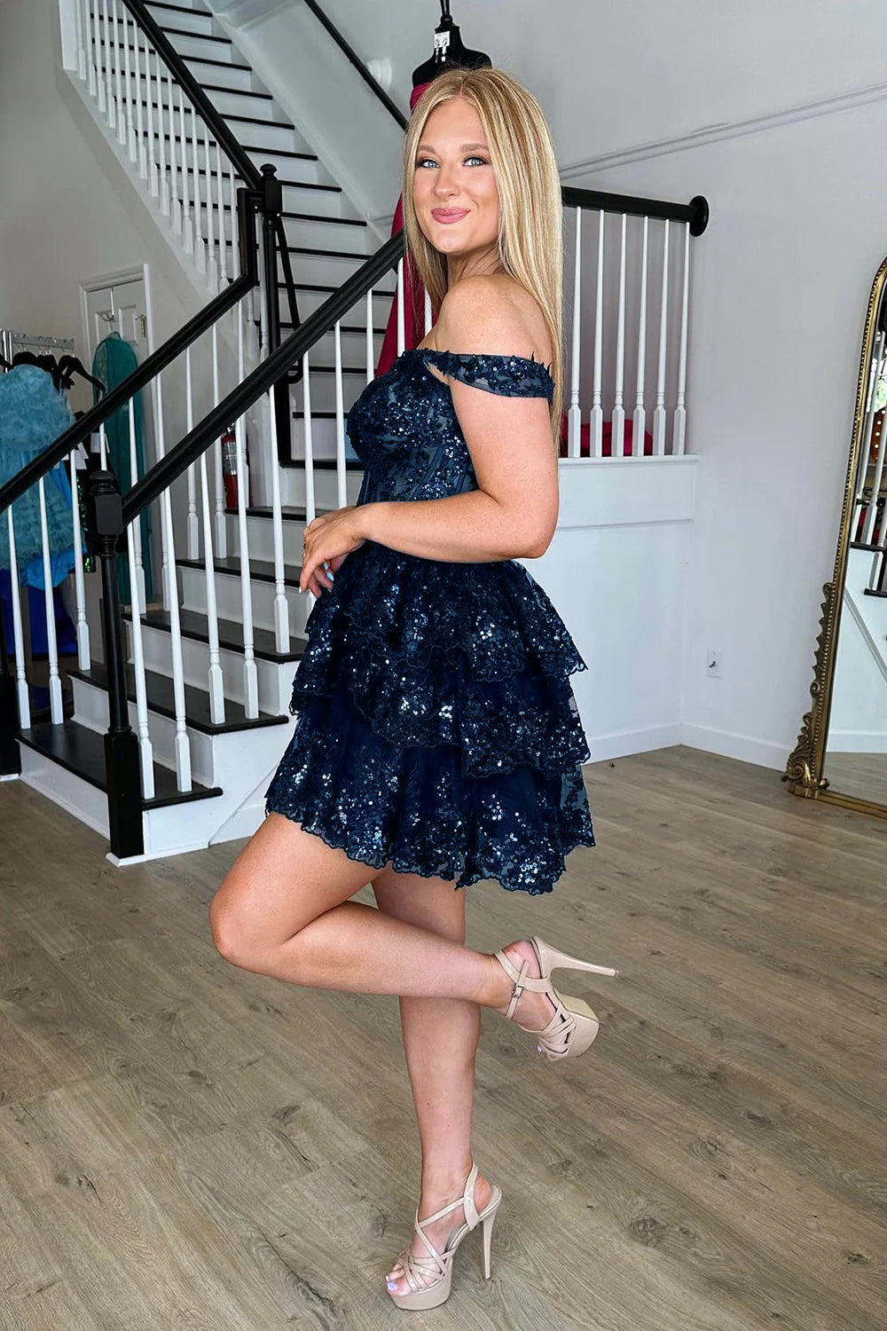 Navy sweetheart sequin A-line homecoming dress