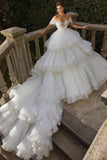 Off the Shoulder White Tulle Ruffles Luxury Wedding Dress