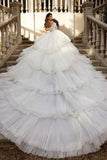 Off the Shoulder White Tulle Ruffles Luxury Wedding Dress