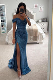 Off the shoulder Blue mermaid Prom Dress with Pleats