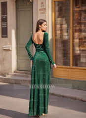 Off-the-shoulder Floor-length Sequined Mother of the Bride Gown with Long Sleeves