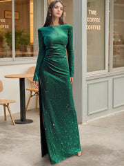 Off-the-shoulder Floor-length Sequined Mother of the Bride Gown with Long Sleeves