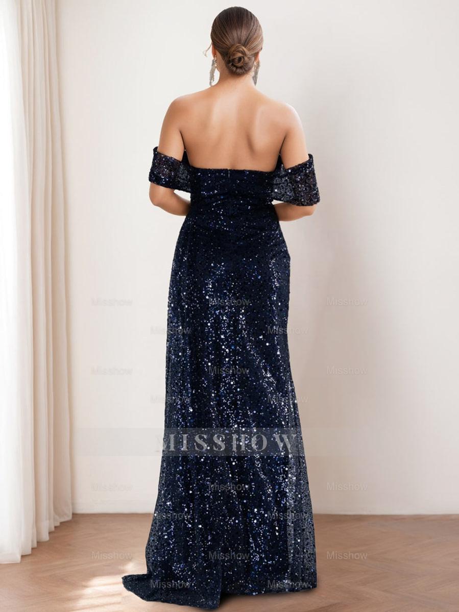 Off-the-shoulder Sequined Mother of the Bride & Groom Column Dress with Front Split