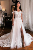 Off the shoulder high split A-line Lace Wedding Dress
