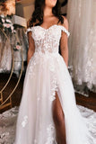Off the shoulder high split A-line Lace Wedding Dress
