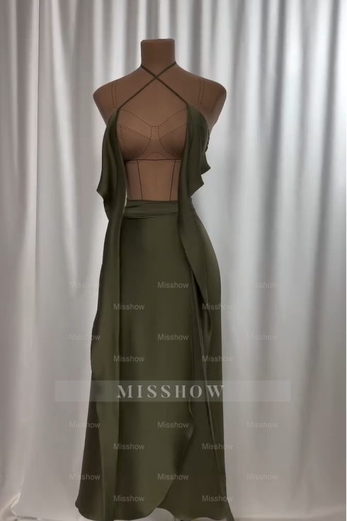 Olive Green Halter Sleeveless Corset A-Line Satin Cutout Midi Formal Evening Dress
