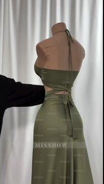 Olive Green Halter Sleeveless Corset A-Line Satin Cutout Midi Formal Evening Dress