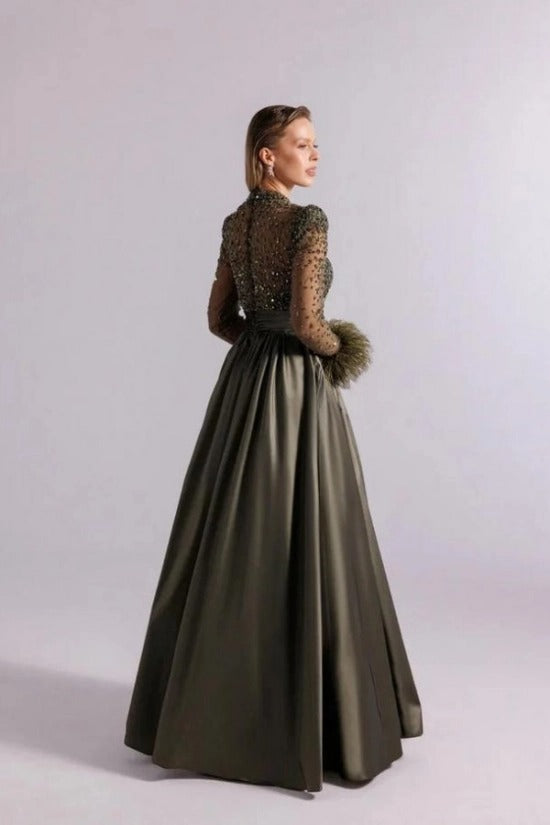 Olive Green High Neck Sheer Beaded Long Sleeve A-Line Satin Feather Formal Evening Dress