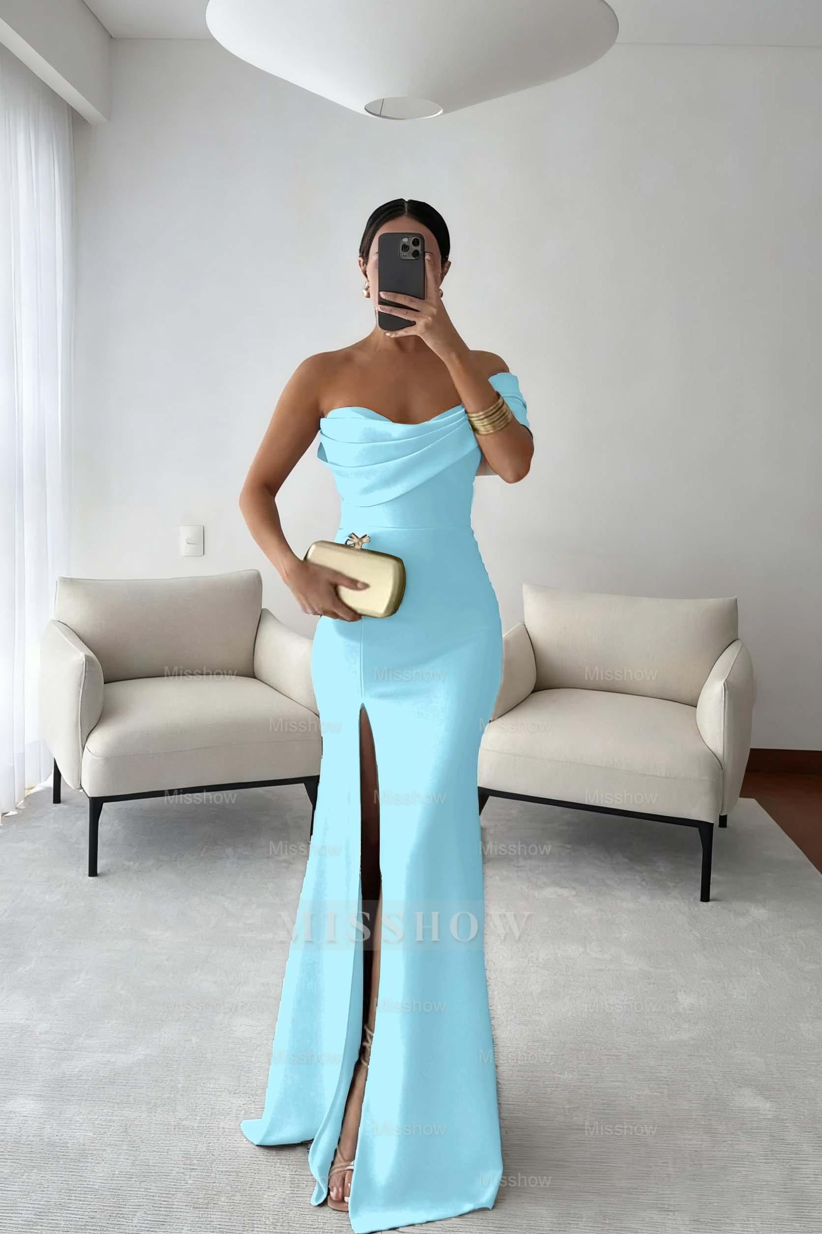Olive Green Off-the-Shoulder Draped Sleeveless Satin Mermaid Floor Length Evening Dress