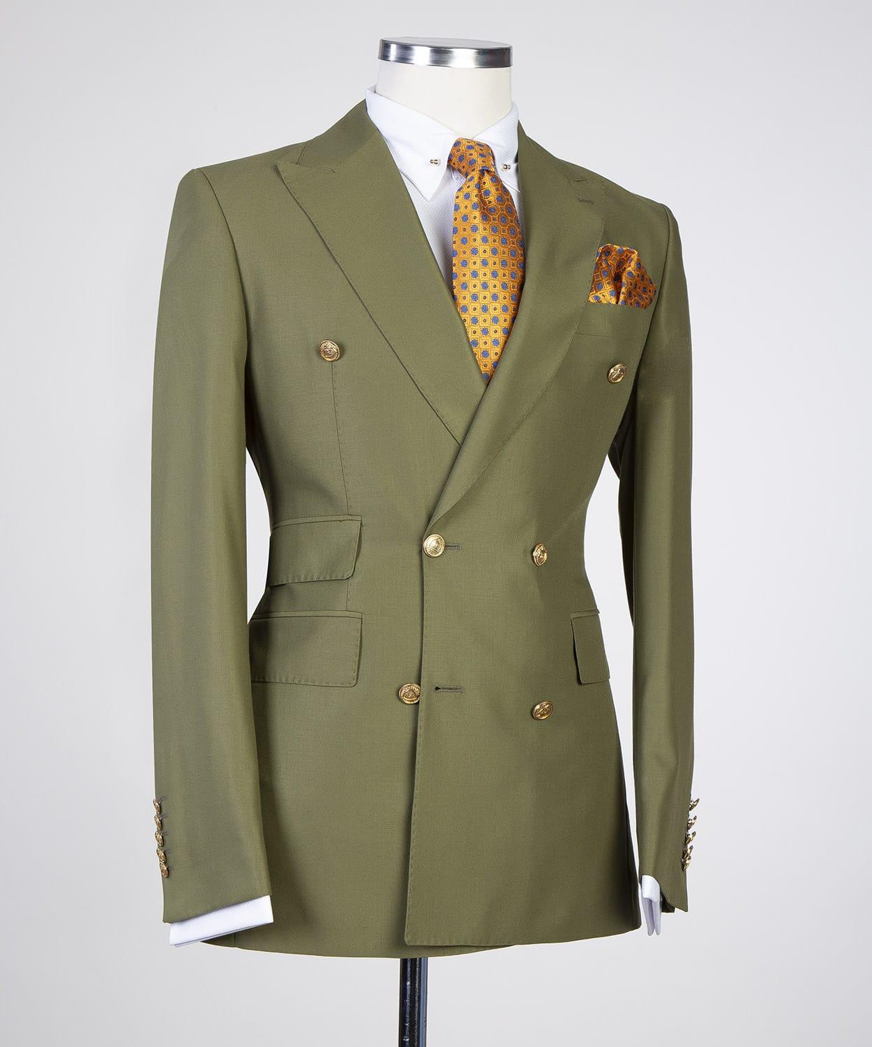 Olive Green Peak Lapel Double Breasted Slim Fit Prom Suits