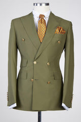 Olive Green Peak Lapel Double Breasted Slim Fit Prom Suits