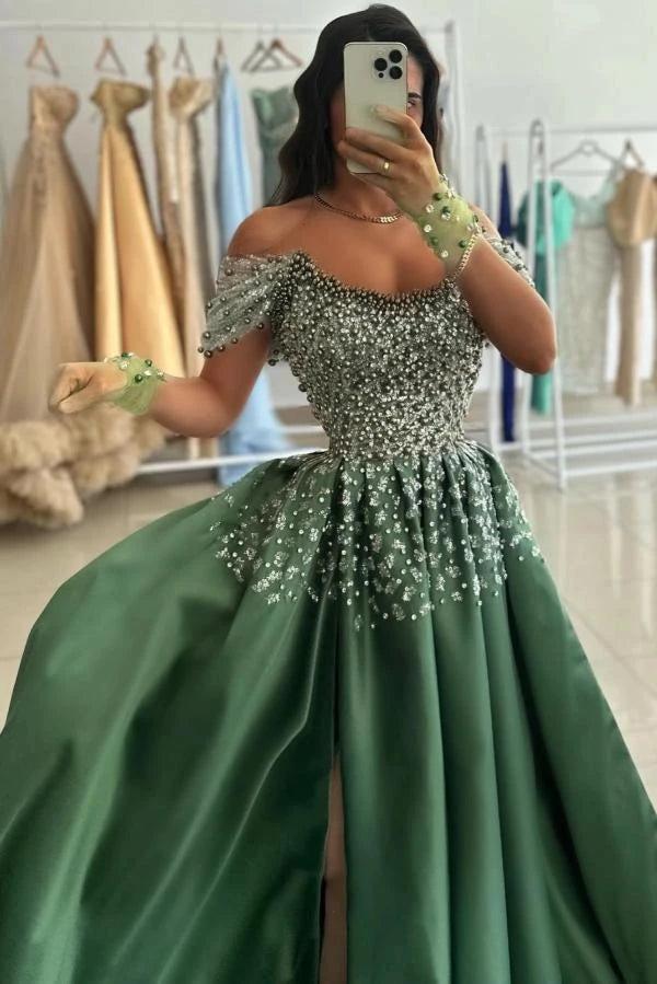 Olive Green Satin Off Shoulder Ball Gown Prom Dress Pearl Crystal Beaded Corset Sequin Floral Skirt High Slit Floor Length