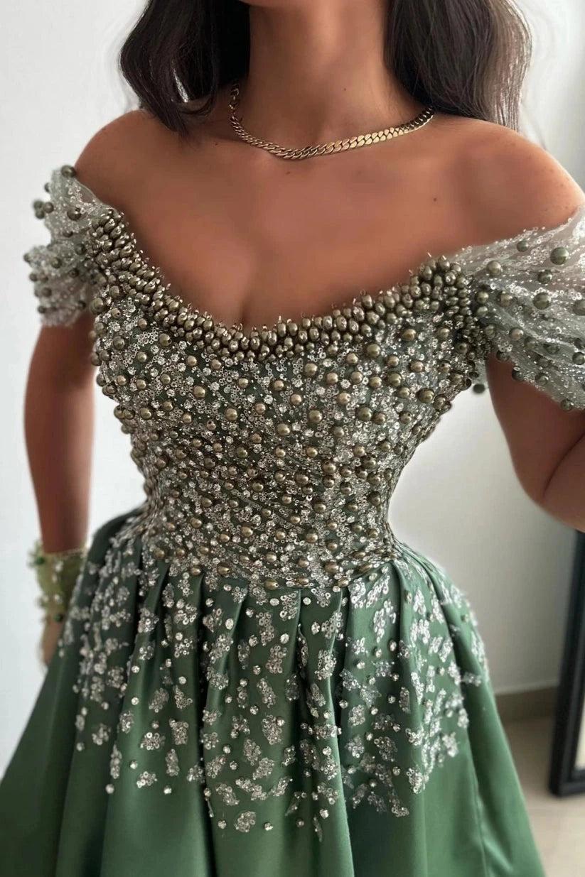 Olive Green Satin Off Shoulder Ball Gown Prom Dress Pearl Crystal Beaded Corset Sequin Floral Skirt High Slit Floor Length