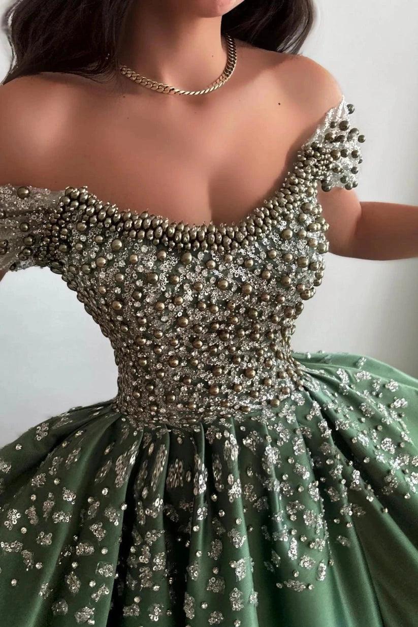 Olive Green Satin Off Shoulder Ball Gown Prom Dress Pearl Crystal Beaded Corset Sequin Floral Skirt High Slit Floor Length