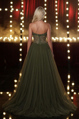 Olive Green Strapless Beaded Corset Bodice A-line Tulle Floor Length Formal Evening Gown