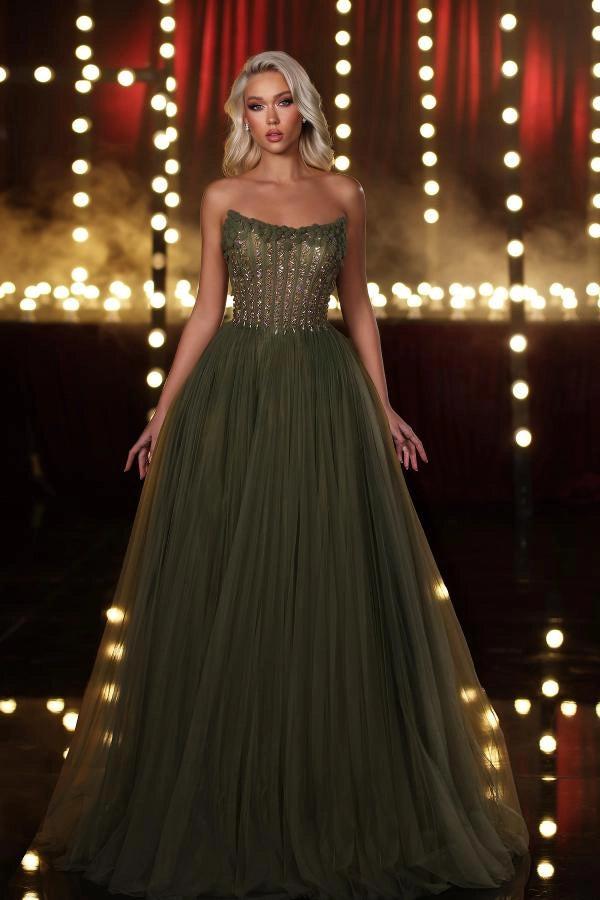 Olive Green Strapless Beaded Corset Bodice A-line Tulle Floor Length Formal Evening Gown