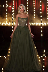 Olive Green Strapless Beaded Corset Bodice A-line Tulle Floor Length Formal Evening Gown